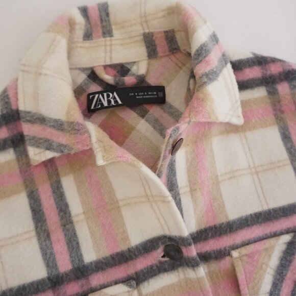 Zara Pink Cream Plaid 20% Wool Button Up Shacket Shirt S - Picture 12 of 12